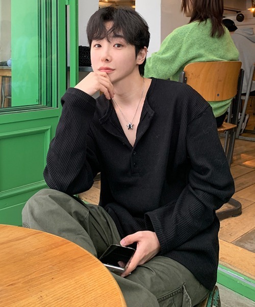 [NOWLE] Henry Neck Waffle Loose Long T / плоский карман, легкий коттон