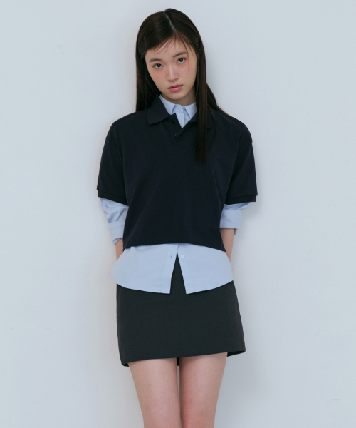 [Courtandard] Women's relaxed dock crop pique polos — женская укороченная рубашка‑поло [Navy]