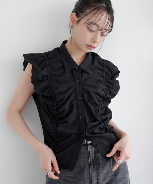 Sharing Balloon Shoulder Solid Brown — рубашка‑блузка с объёмными рукавами