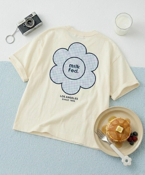 CUT OUT LOGO GINGHAM FLOWER WIDE S/S TEE — широкая футболка с вырезами и логотипом, в клетчатый цветочный принт