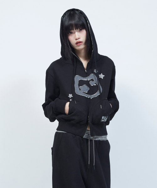 Catch Simbol Patchwork Hooded Jacket — куртка-худи с заплатками, черная