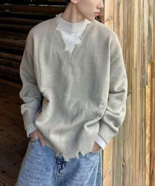 Damege V-neck Knit Pullover — V-образный вырез, вязаный пуловер