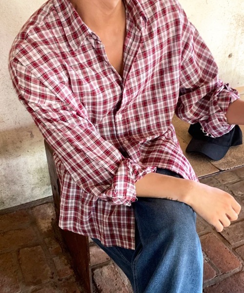 NOWLE Loose style Madras check длинный рукав / винтажный маррас‑чек реглан футболка