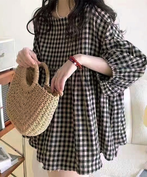 Gingham check balloon blouse — блуза в клетку с объёмными рукавами