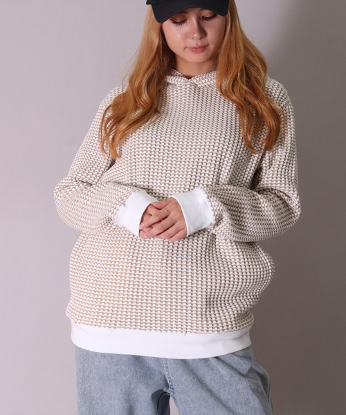 BE Unisex 2‑Tone Big Waffle Sweet Pullover Parker — унисекс вязаный пуловер с капюшоном