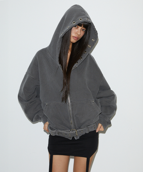 Eyelet Belt Hood Zip‑up (CHARCOAL) — худи‑куртка на молнии, угольного цвета