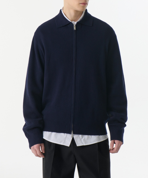 Cotton color knit zip‑up [Navy] — хлопковая вязаная куртка‑накидка