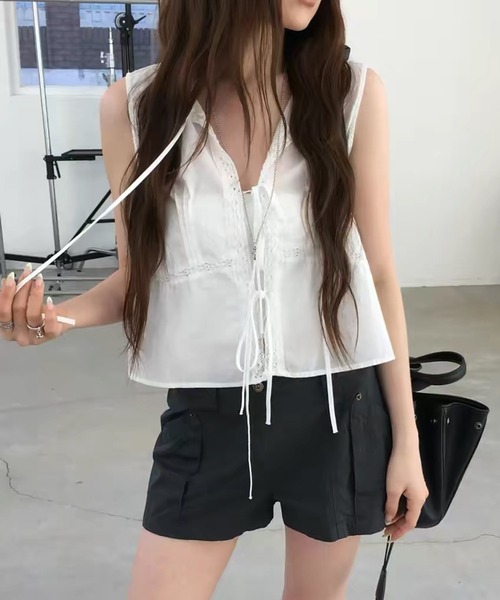Front Ribbon Nose Rib Sleeve Blouse (фронт лента блуза)