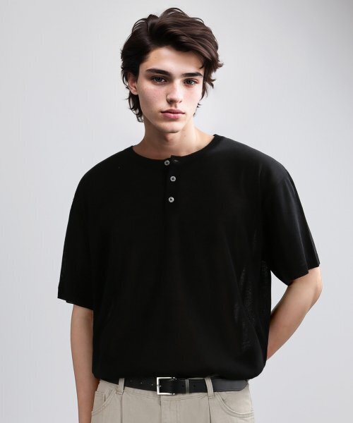 Henley Neck Half Mesh‑Knit (черный)