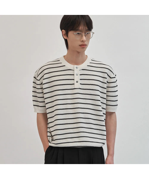 Iejion Semi‑oversize fit stripe henley neck полупуловер (Айворий)