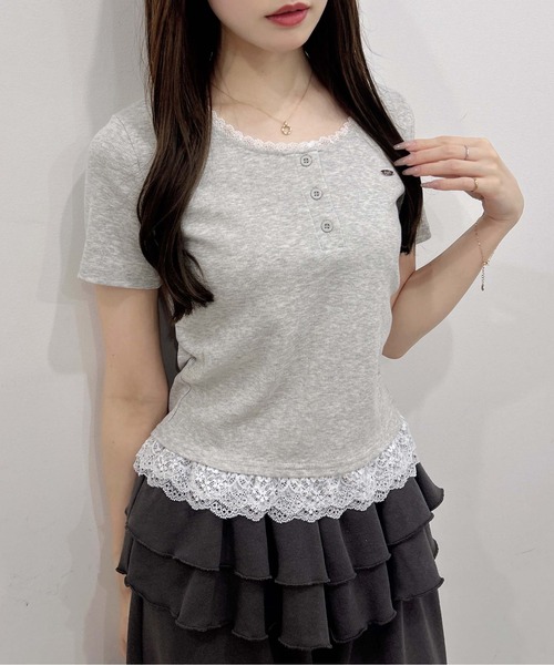 [WEB限定] Henley-neck рельефная футболка с коротким рукавом RibTopps