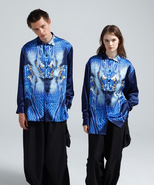 Y-3 Blue satin graphic shirt — рубашка из синего атласа с принтом