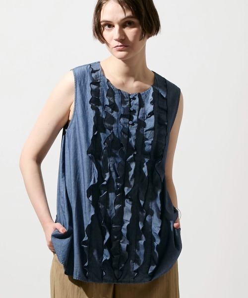 [M–5L] Rise On s denim no-sleeve rib full blouse — джинсовый жилет-рубашка
