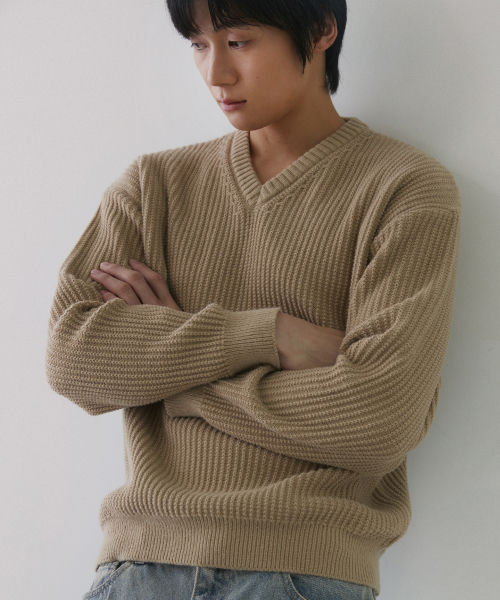 V‑neck waffle essential knit — вязаный пуловер (бежевый)