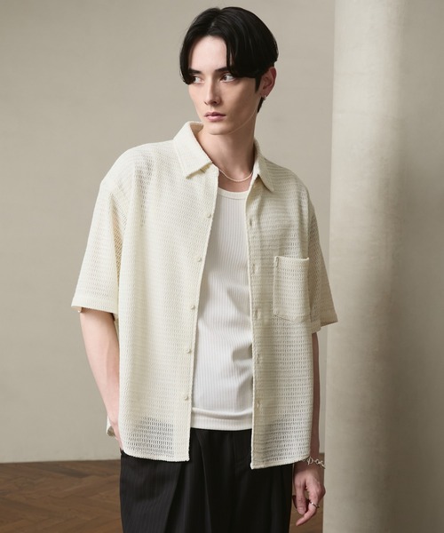 LUENNA Openwork Half Sleeve Regular Collar Shirt — полупрозрачная вязаная рубашка с коротким рукавом