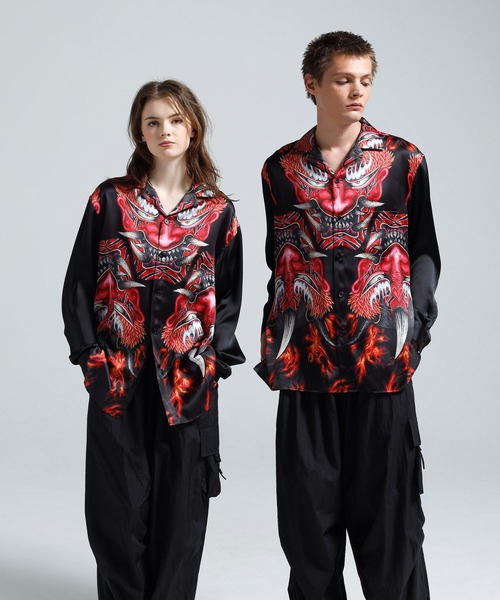 Y-3 RED SATIN GRAPHIC SHIRT — красная сатиновая рубашка с графикой