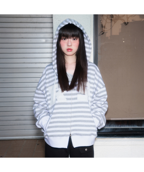 Patch Stripe Hood Zip‑Up (Ivory) — худи‑молния с нашивками, цвет айвори