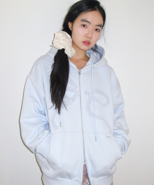RIBBON APPLIQUE FRILL HOODIE ZIP-UP синий