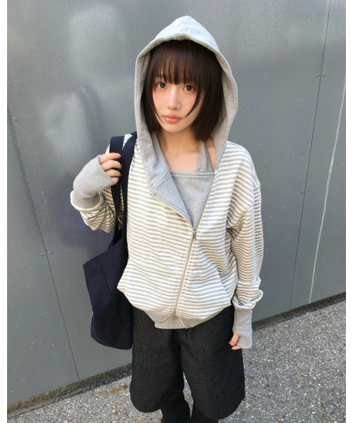 STRIPE UNBALANCED ZIPUP HOODIE (GREY) — худи на молнии с асимметричными полосами (серый)