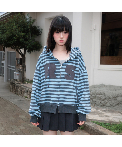 Patch Stripe Hood Zip‑Up [Sky Blue] худи‑зип с нашивками, небесно‑голубой